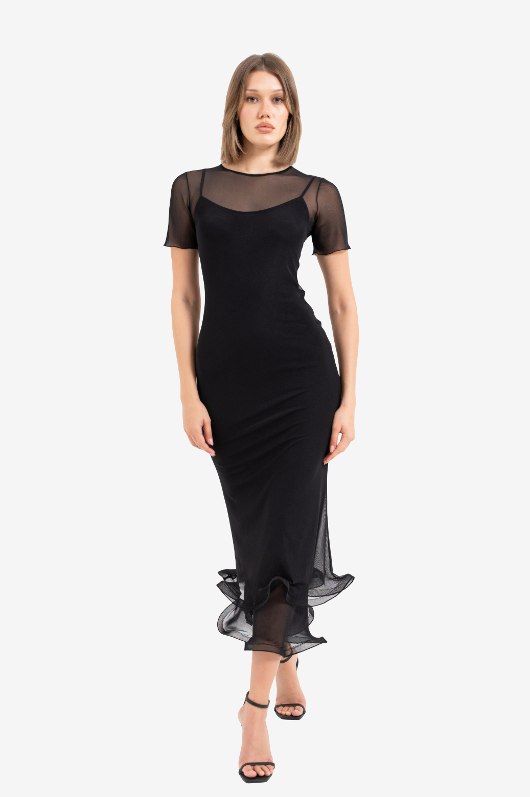 Ruffled-Hem Midi Dress with Slip Lining