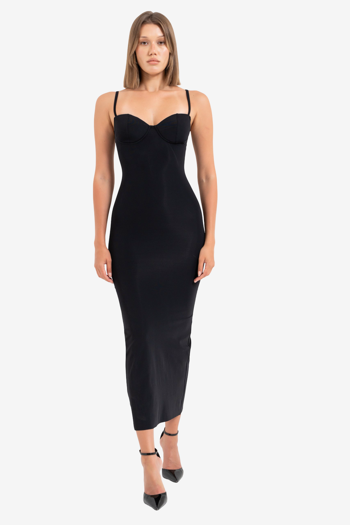 Split-Back Bodycon Midi Dress with Padded Cups