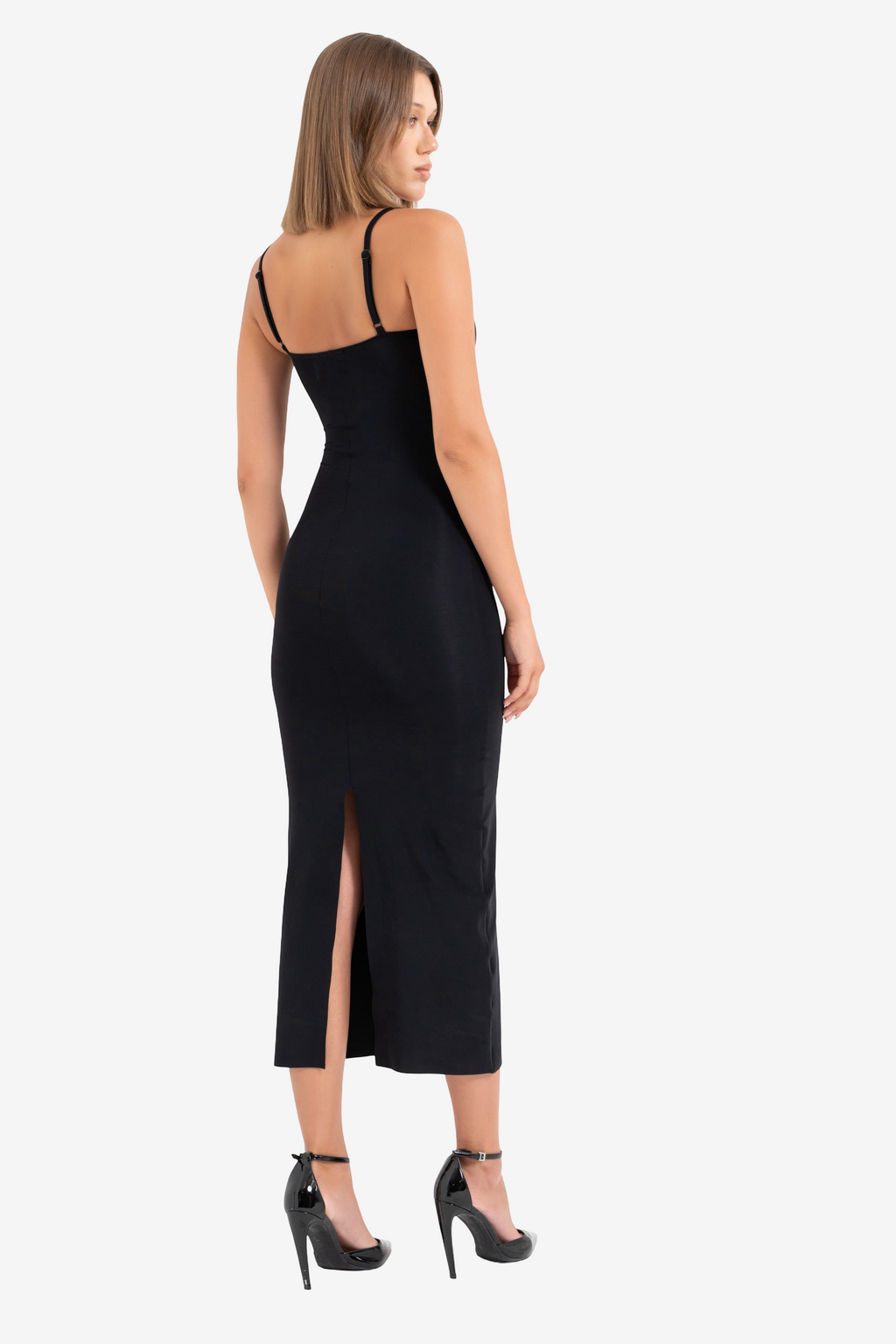 Split-Back Bodycon Midi Dress with Padded Cups