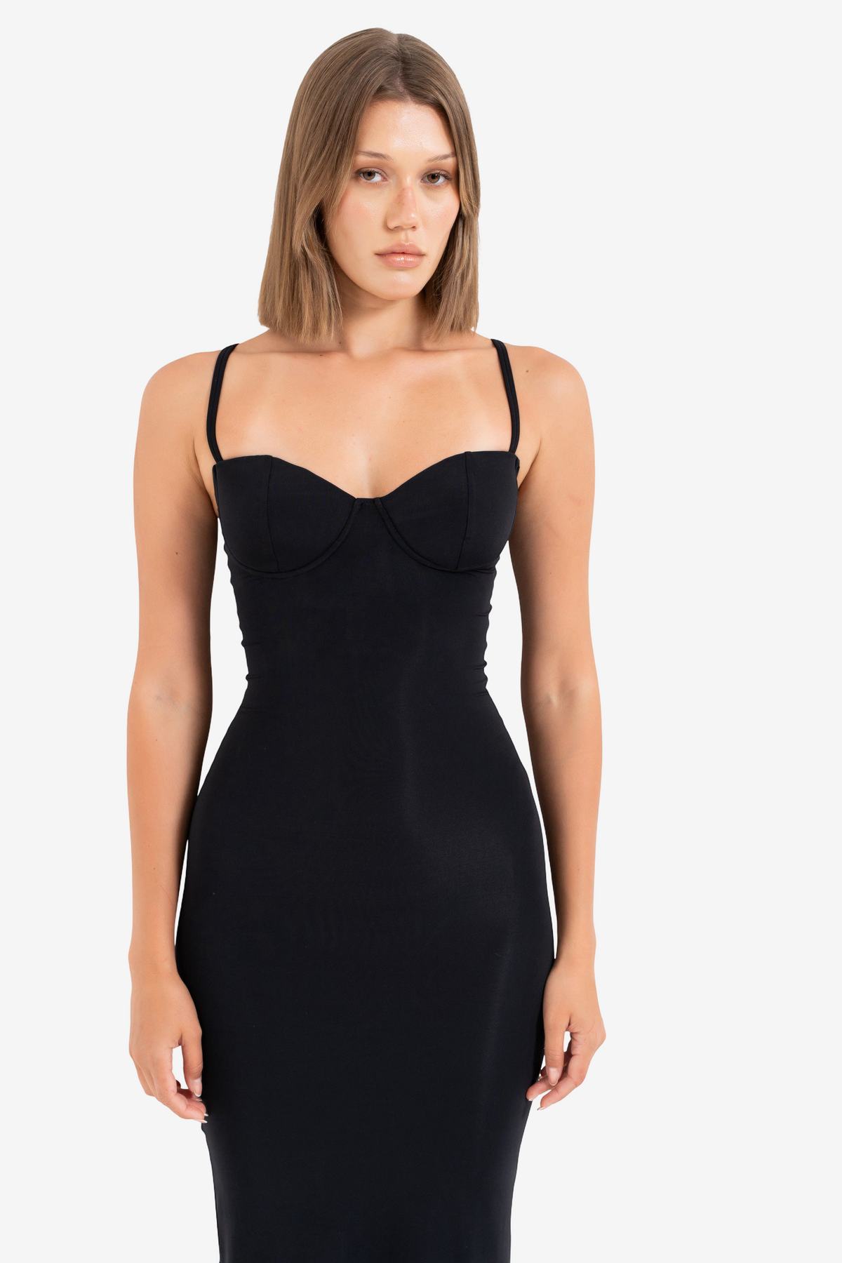 Split-Back Bodycon Midi Dress with Padded Cups