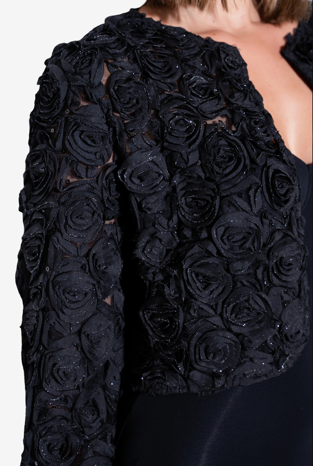 Glittery Three-Quarter Sleeve Rose-Accent Jacket