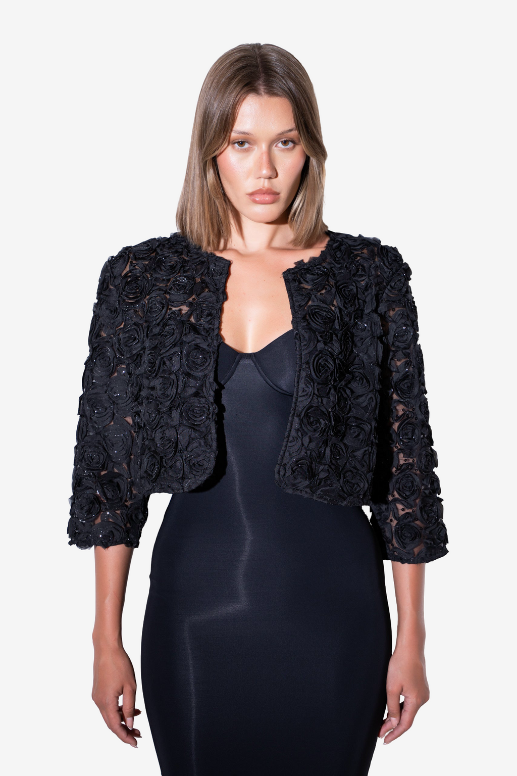 Glittery Three-Quarter Sleeve Rose-Accent Jacket