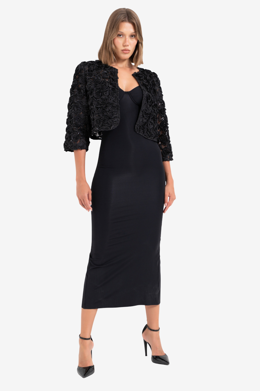 Glittery Three-Quarter Sleeve Rose-Accent Jacket