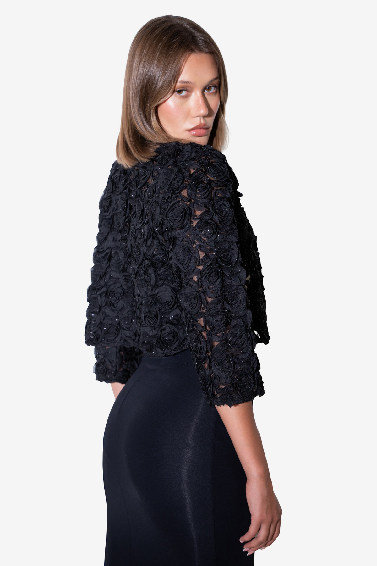 Glittery Three-Quarter Sleeve Rose-Accent Jacket