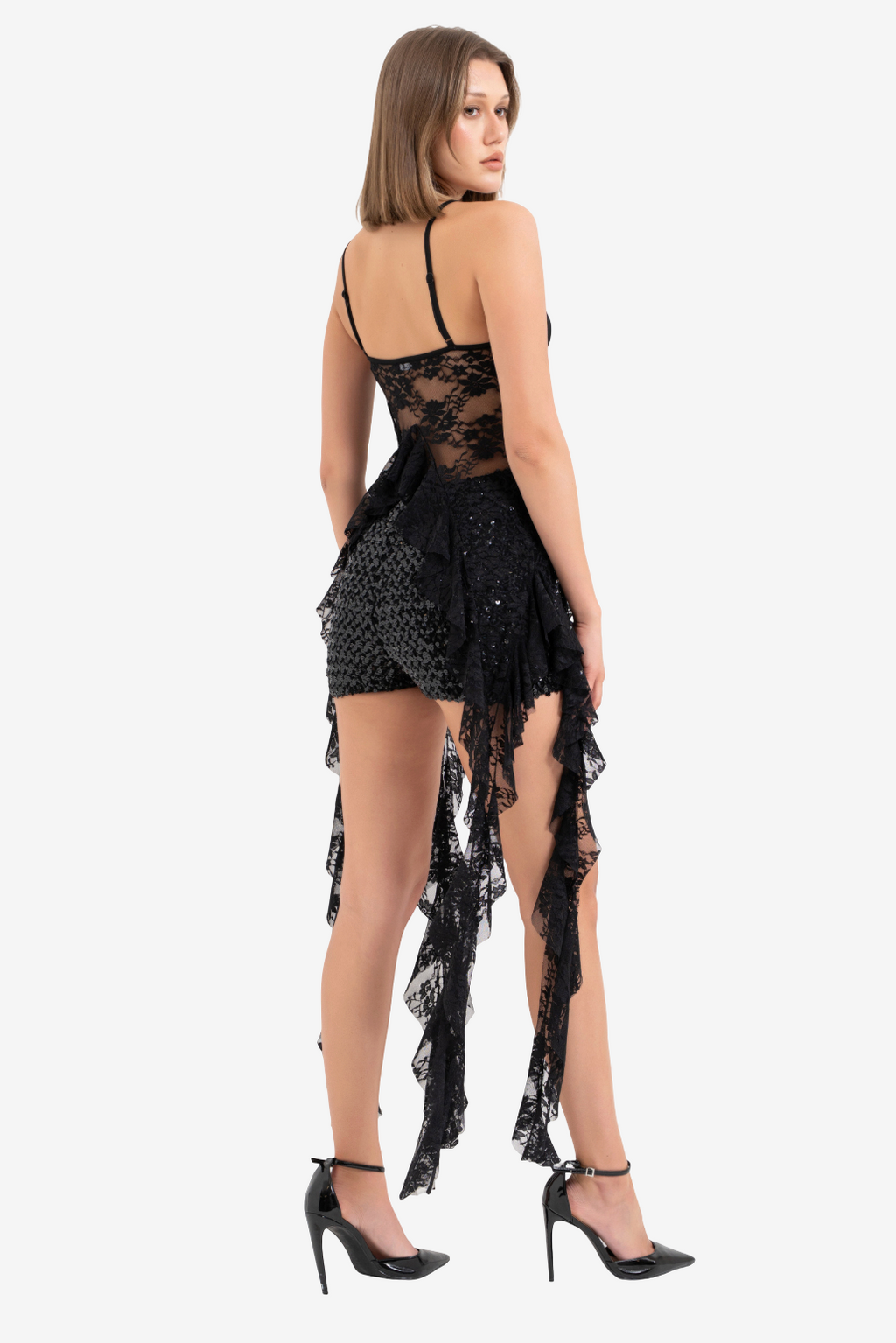 Strapless Lace Crop Blouse with Ruffled Sheer Skirt Extension