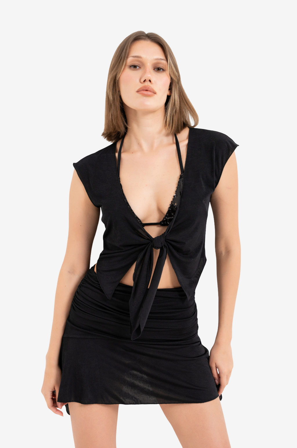 Tie-Front Ruffle Blouse & Mini Skirt Set
