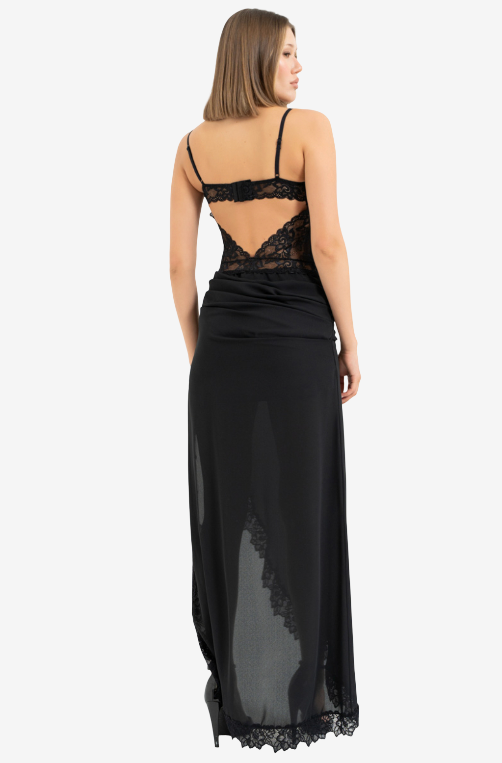 Lace-Trim Asymmetric Maxi Dress with Chiffon Skirt