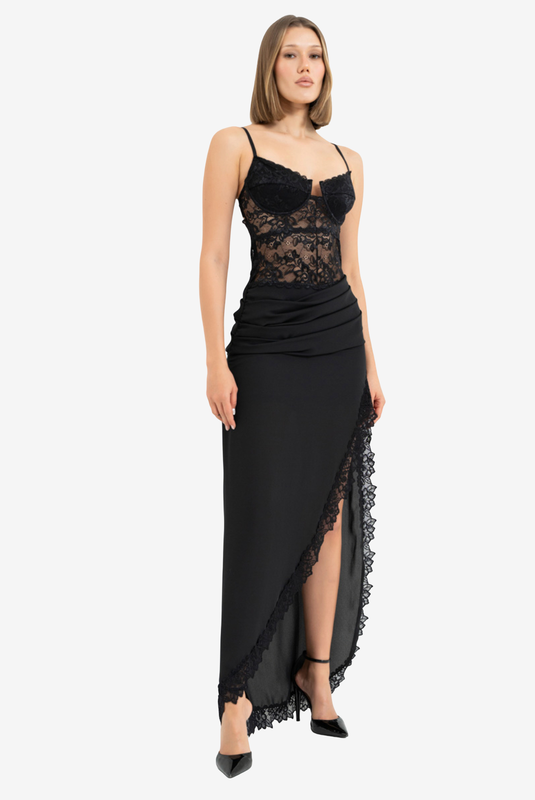 Lace-Trim Asymmetric Maxi Dress with Chiffon Skirt