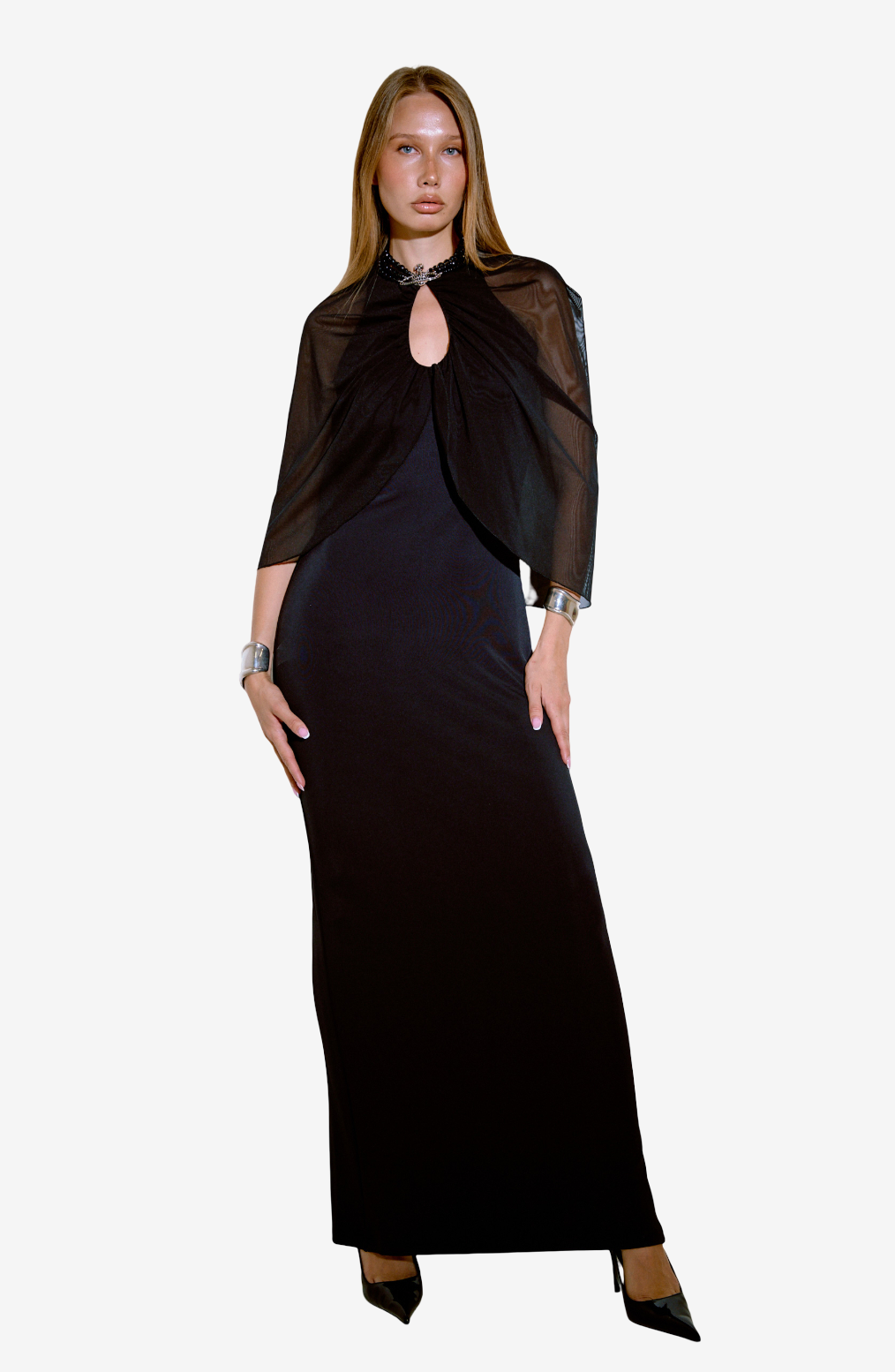 Sleeveless Split-Back Maxi Dress with Cape