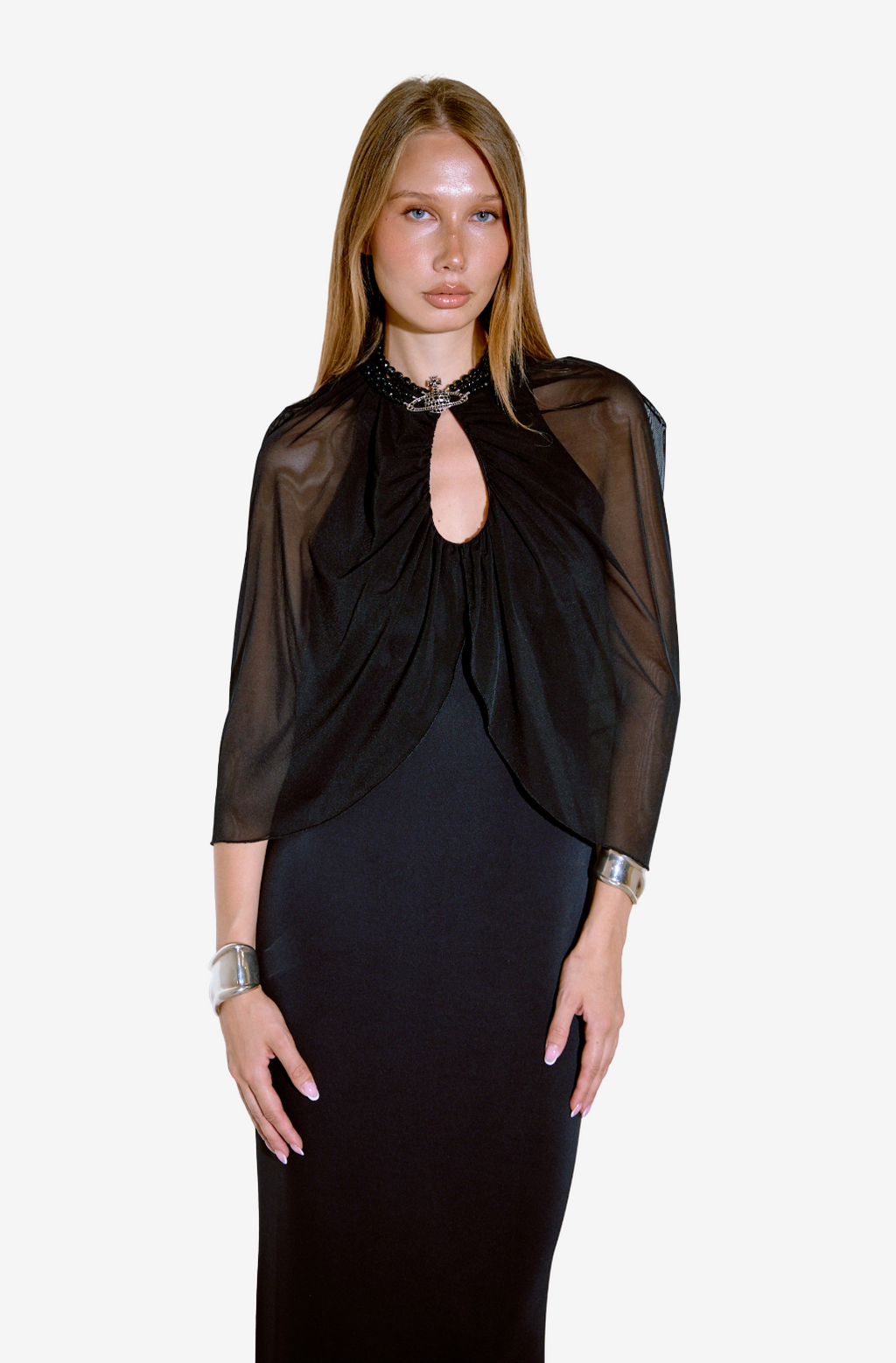 Sleeveless Split-Back Maxi Dress with Cape
