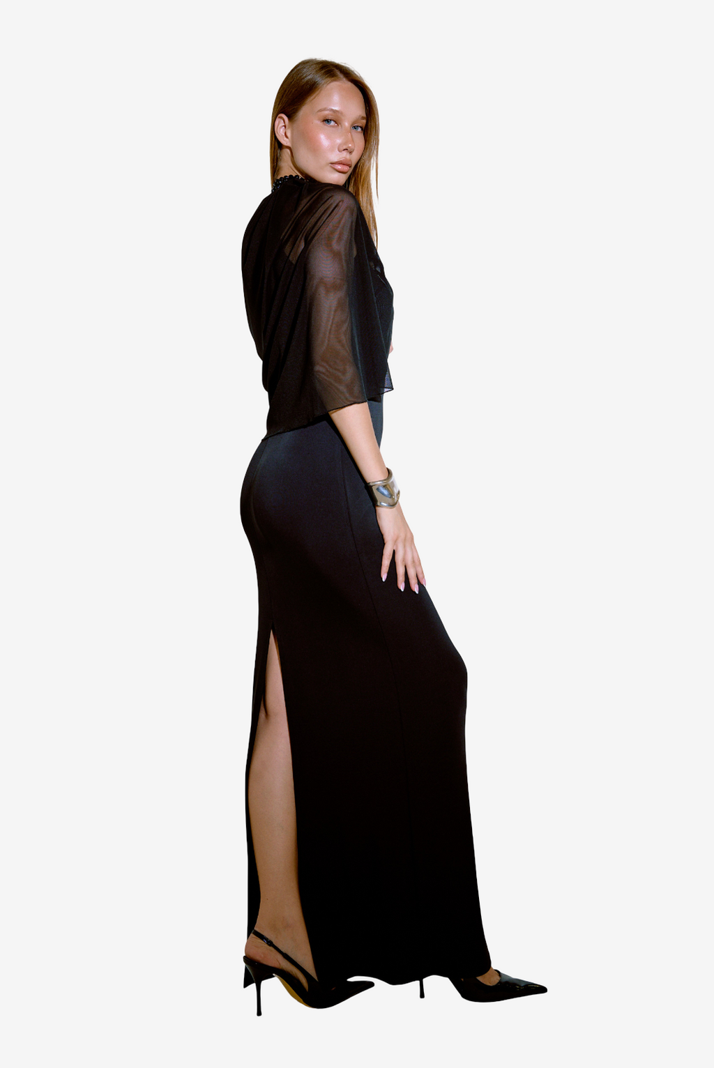Sleeveless Split-Back Maxi Dress with Cape