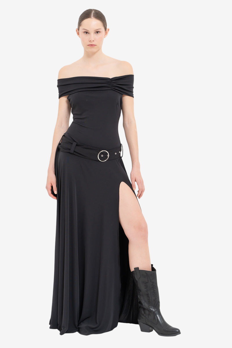 Belted Off-the-Shoulder Maxi Dress