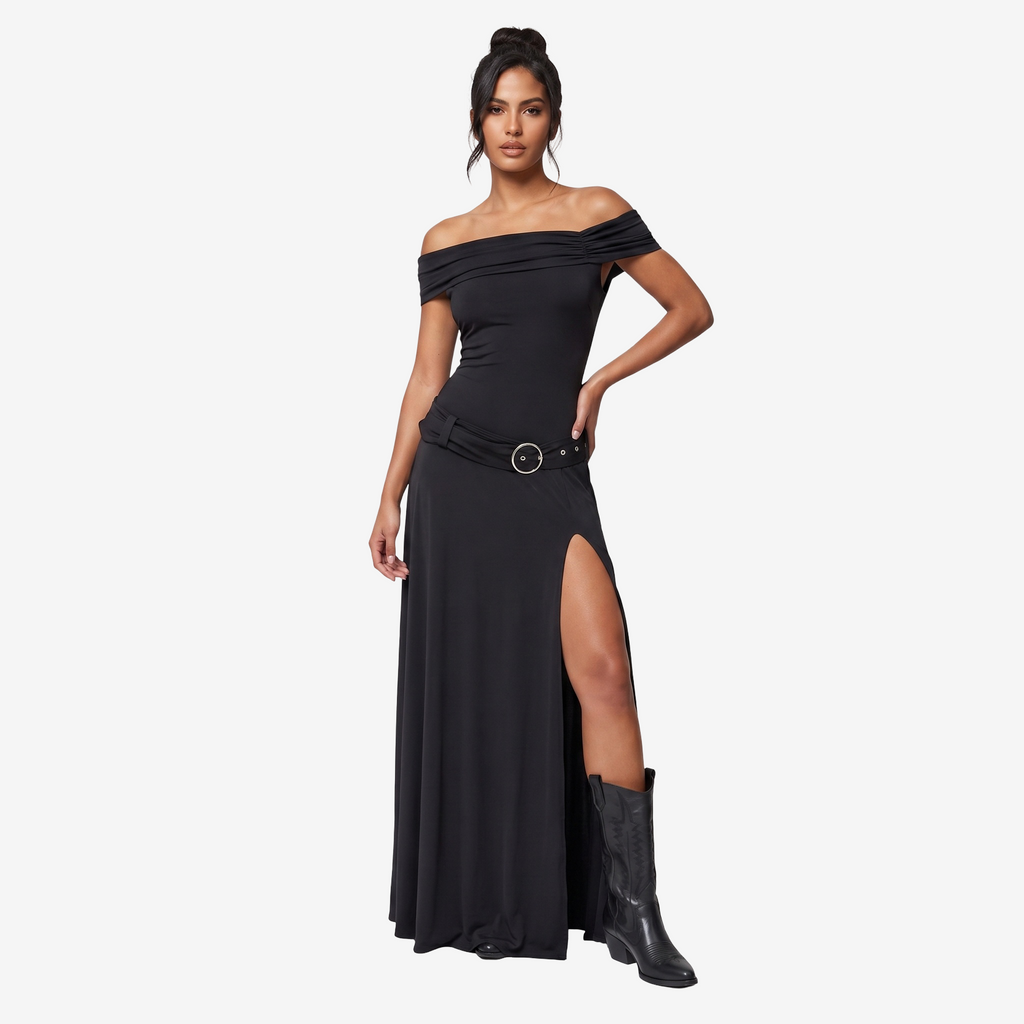 Belted Off-the-Shoulder Maxi Dress