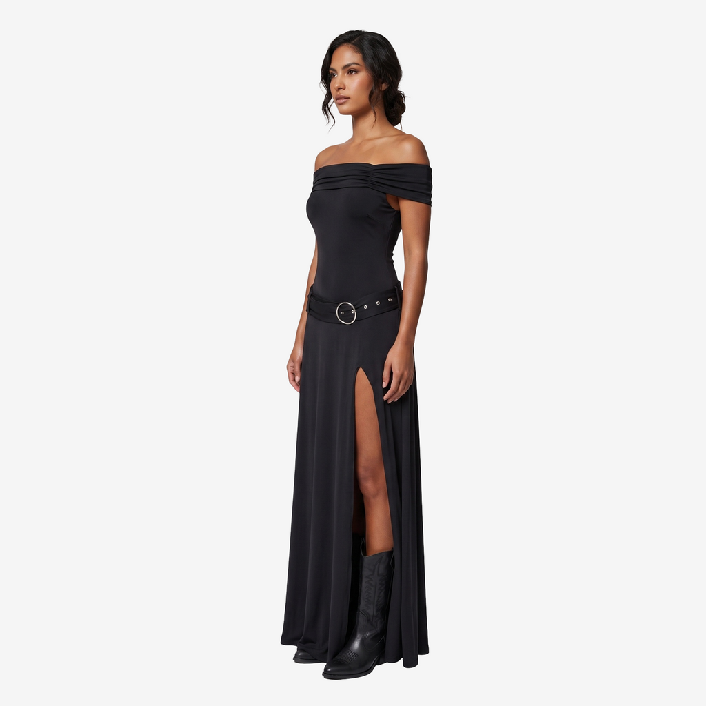 Belted Off-the-Shoulder Maxi Dress