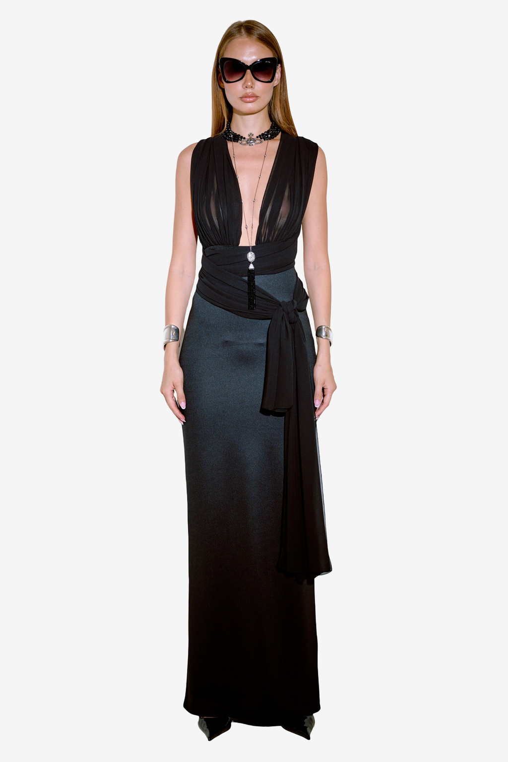 Tie Neck Yoke Split-Back Maxi Dress