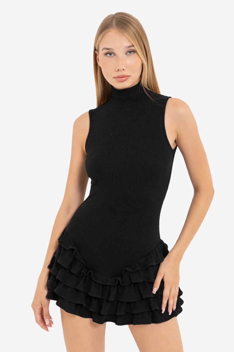 Mock-Neck Dress with Ruffle-Trim Skirt