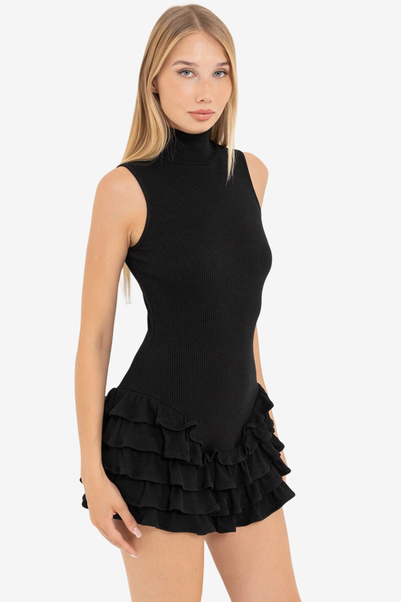 Mock-Neck Dress with Ruffle-Trim Skirt