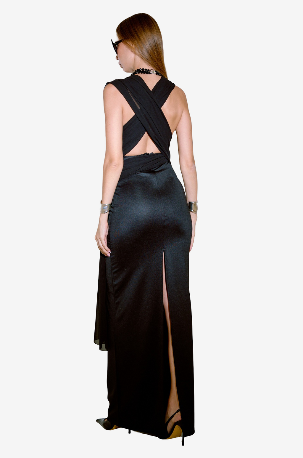 Tie Neck Yoke Split-Back Maxi Dress