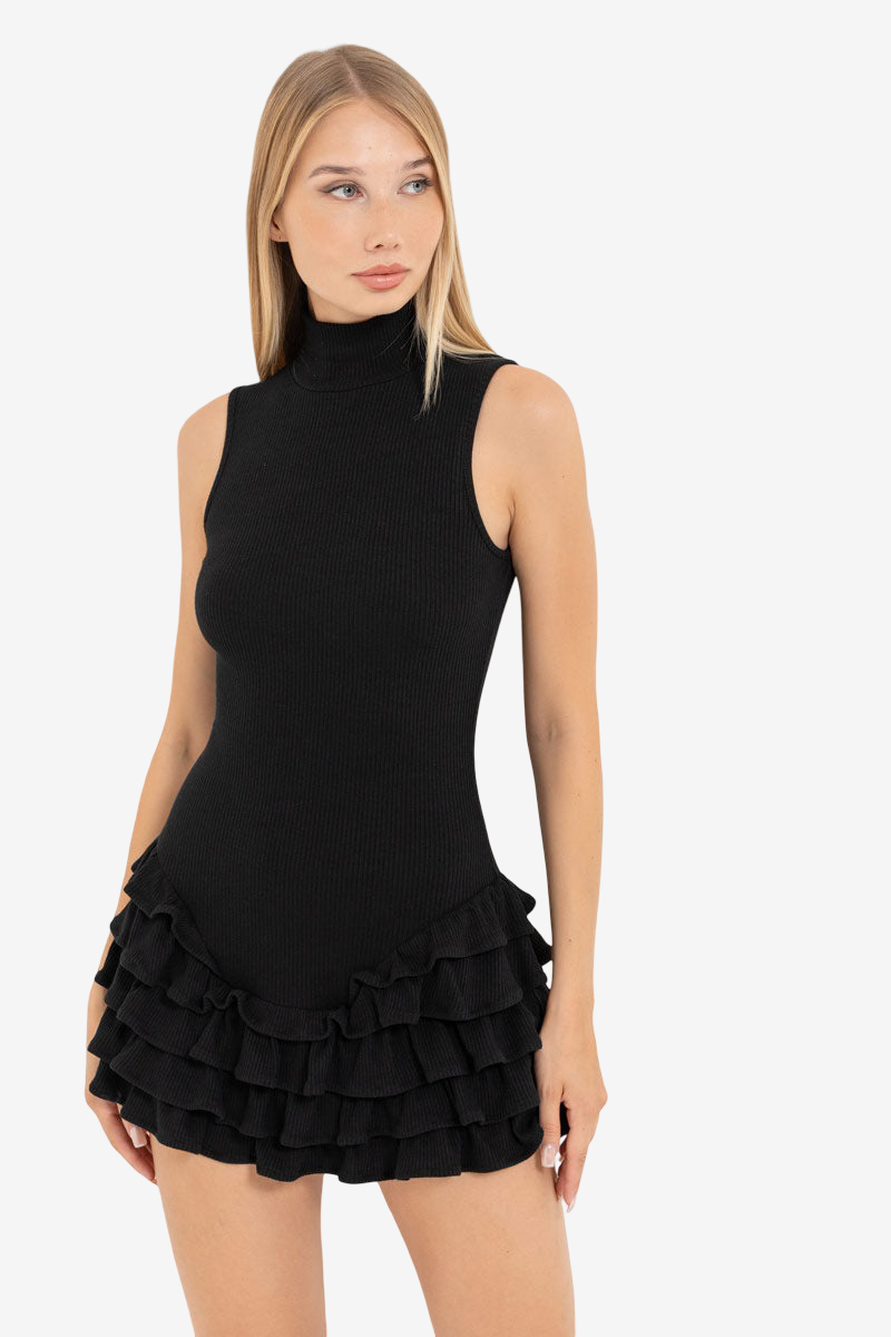 Mock-Neck Dress with Ruffle-Trim Skirt