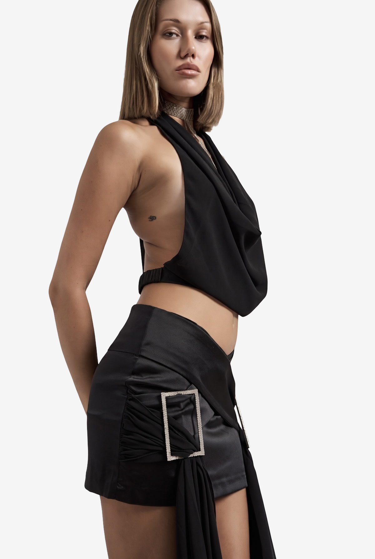 Cowl-Neck Top & Mini Skirt with Embellished Belt-Accent