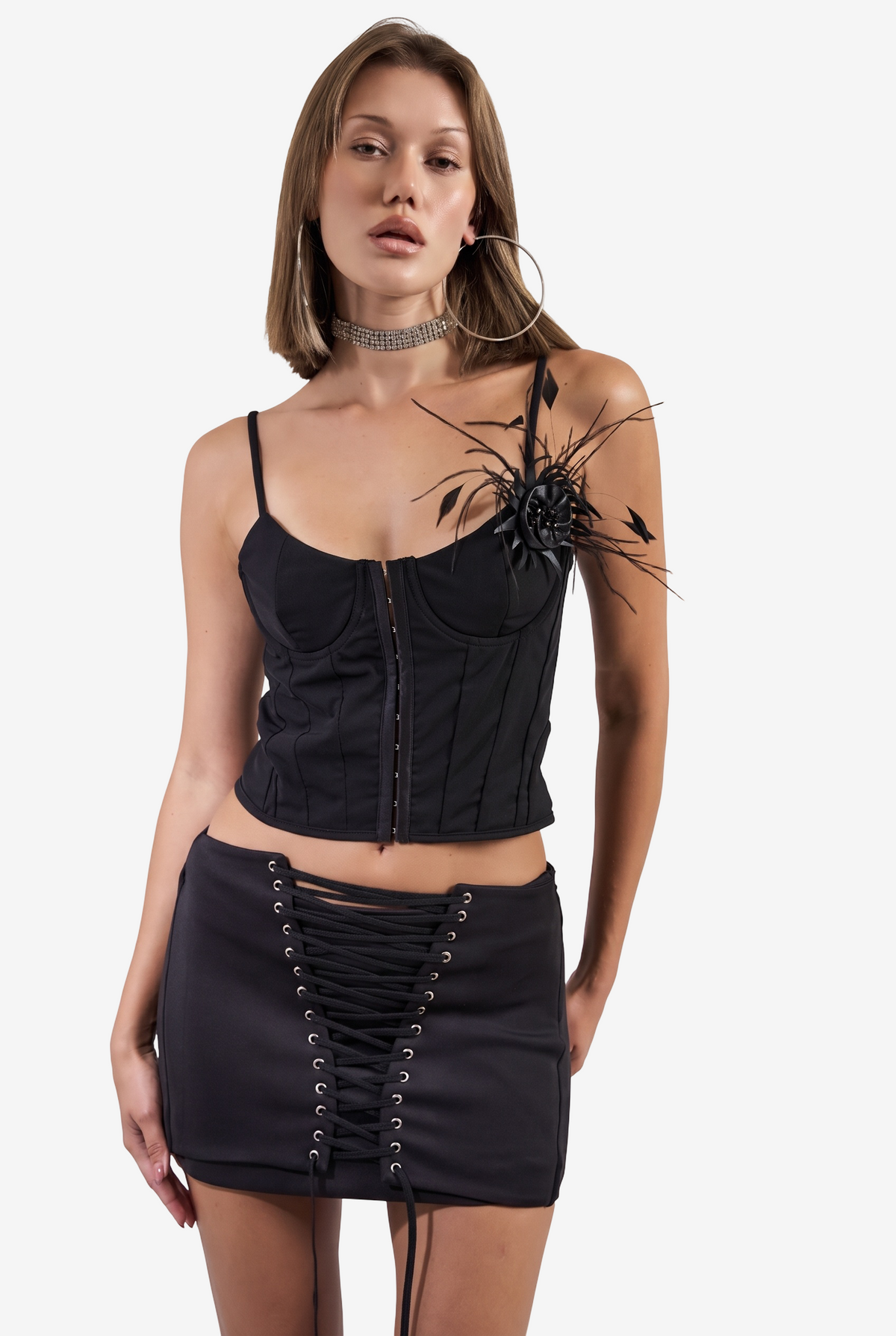 Faux Feather-Accent Bustier & Eyelet Mini Skirt Set