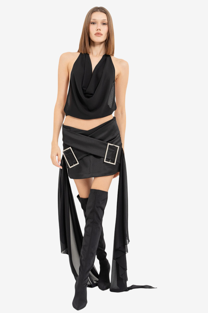 Cowl-Neck Top & Mini Skirt with Embellished Belt-Accent