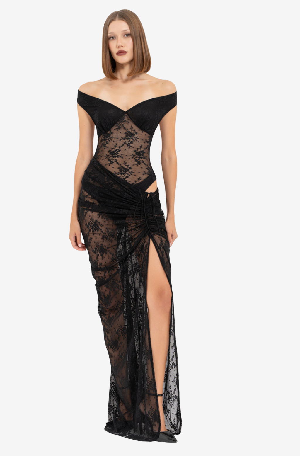 Off-the-Shoulder Lace Bodysuit & Split Maxi Skirt Set