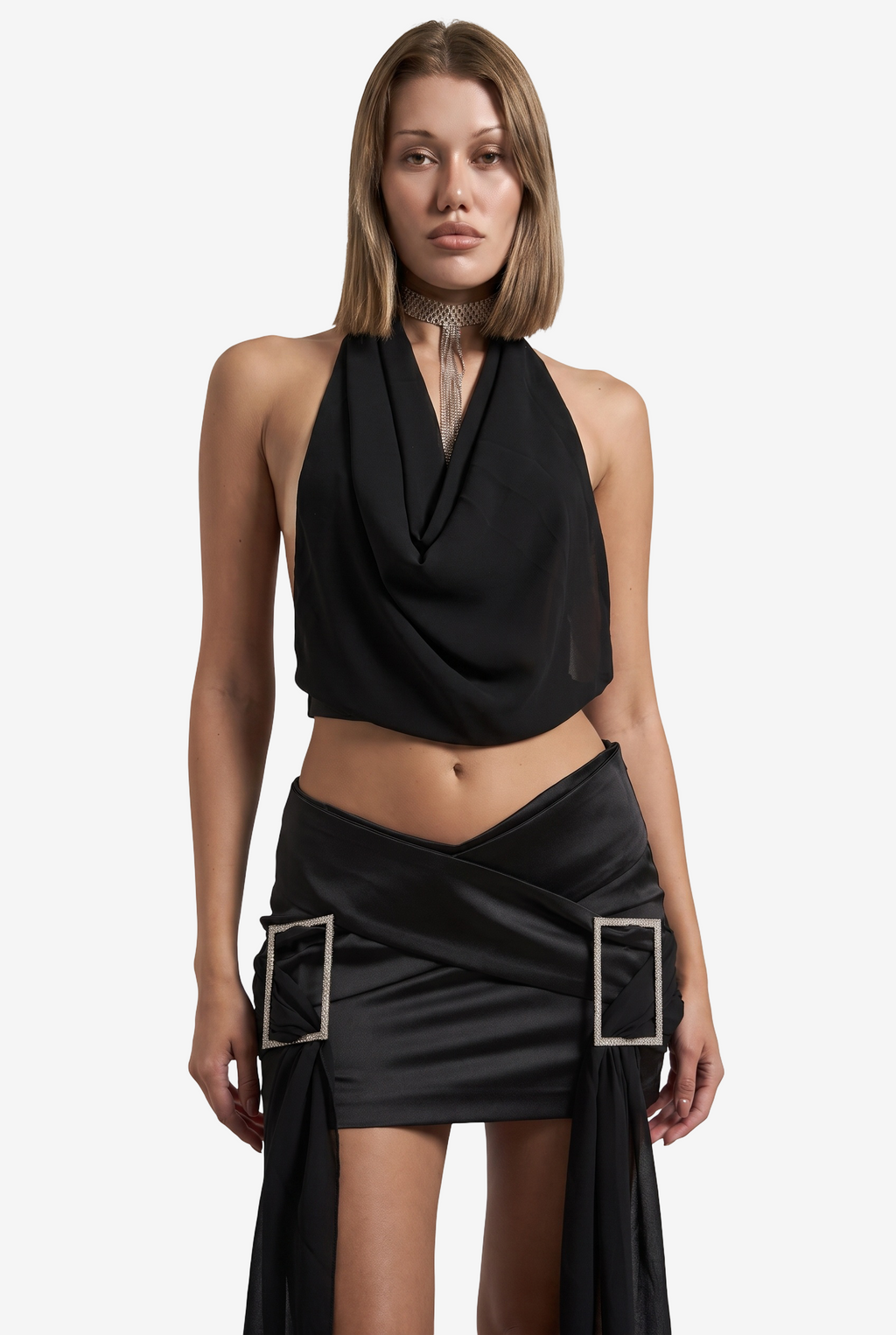 Cowl-Neck Top & Mini Skirt with Embellished Belt-Accent