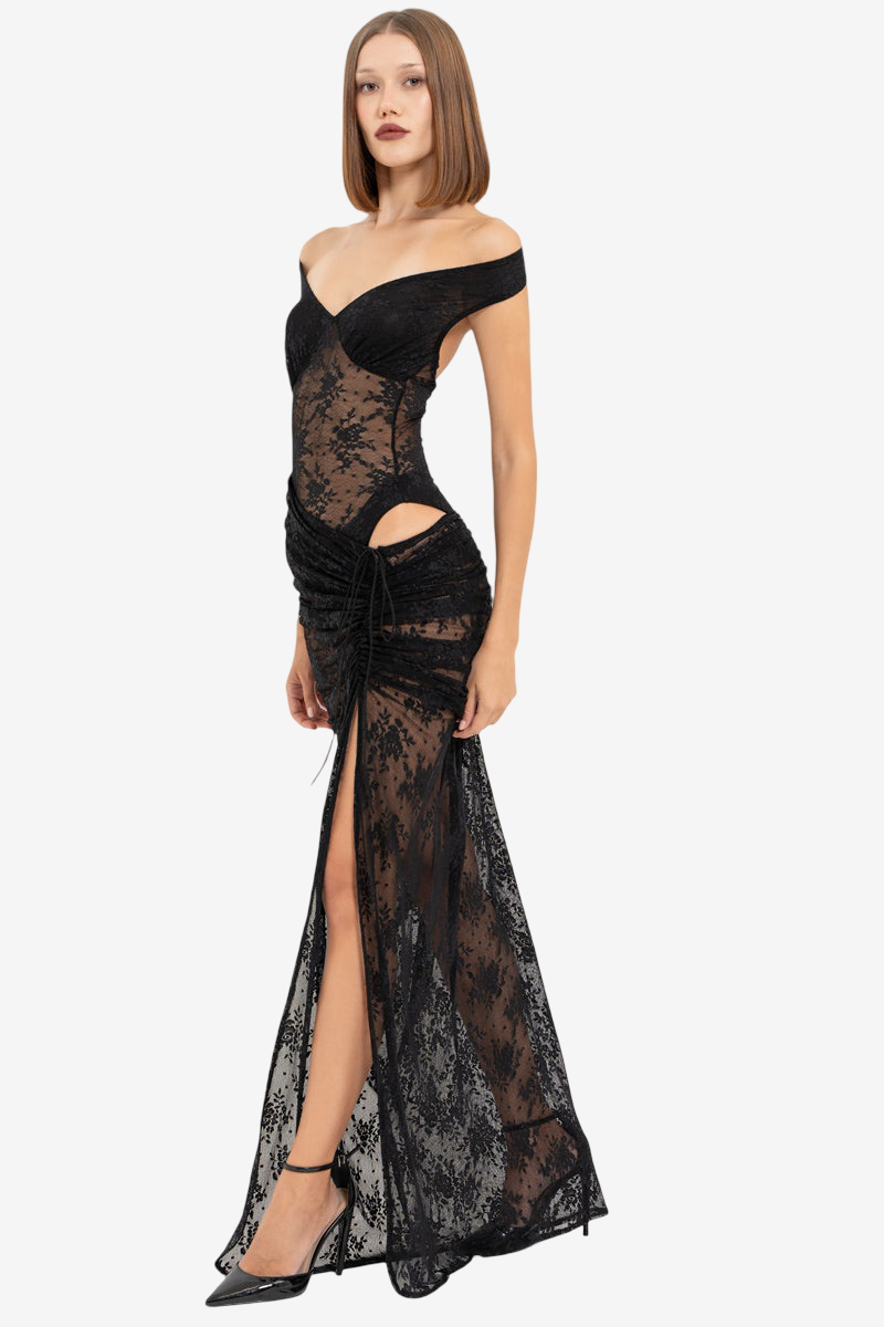 Off-the-Shoulder Lace Bodysuit & Split Maxi Skirt Set