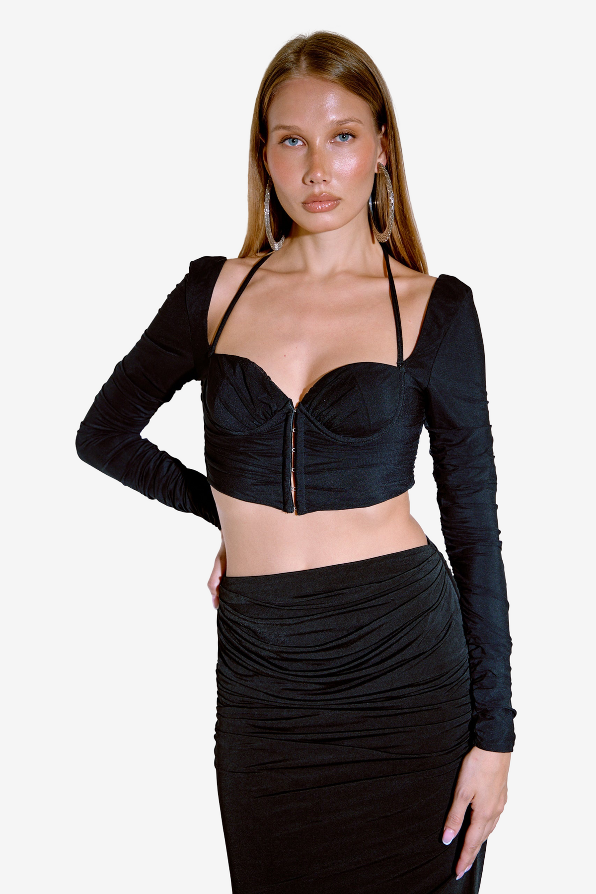 Long-Sleeve Strappy Mesh Crop Top