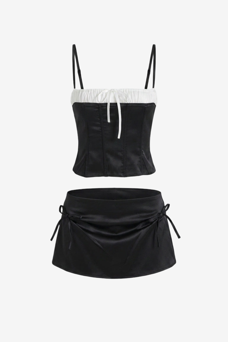 Contrast-Trim Satin Cami & Mini Skirt Set