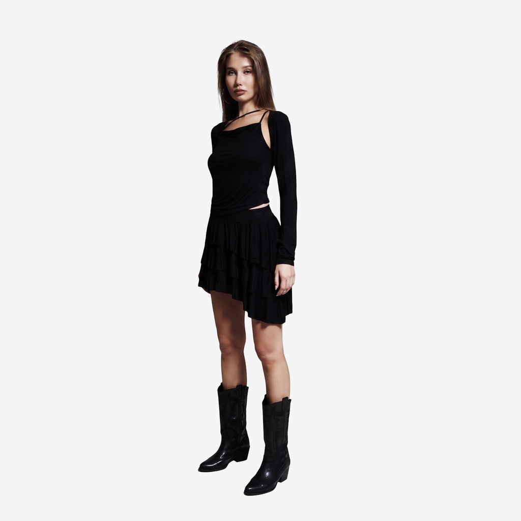 Strappy Long-Sleeve Top & Tiered Mini Skirt Set