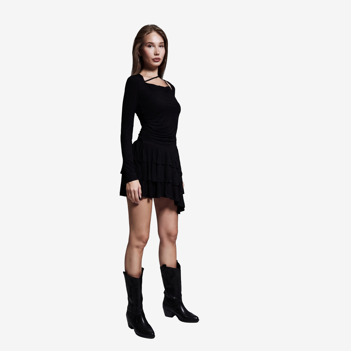 Strappy Long-Sleeve Top & Tiered Mini Skirt Set