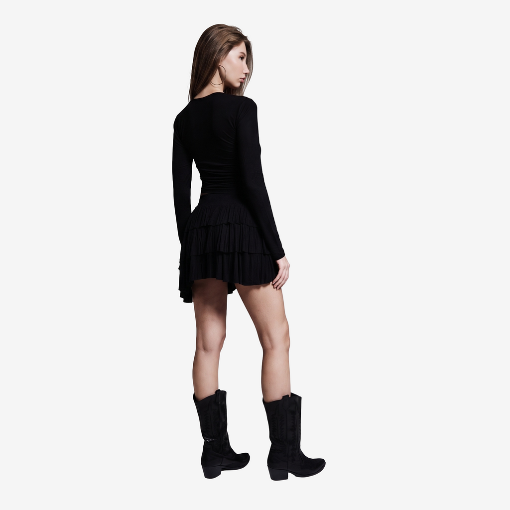 Strappy Long-Sleeve Top & Tiered Mini Skirt Set