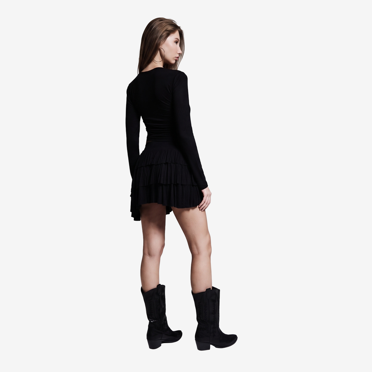 Strappy Long-Sleeve Top & Tiered Mini Skirt Set