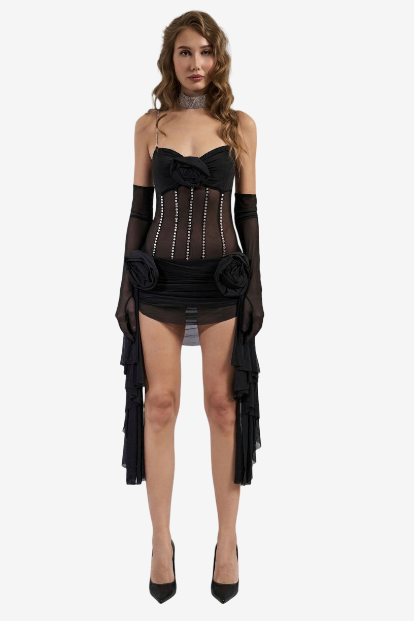 Rose-Detail Bodysuit & Mini Skirt Set with Gloves