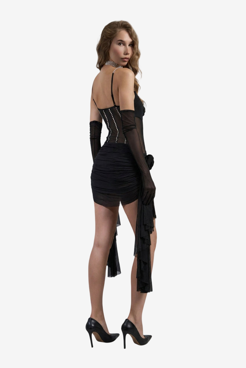 Rose-Detail Bodysuit & Mini Skirt Set with Gloves