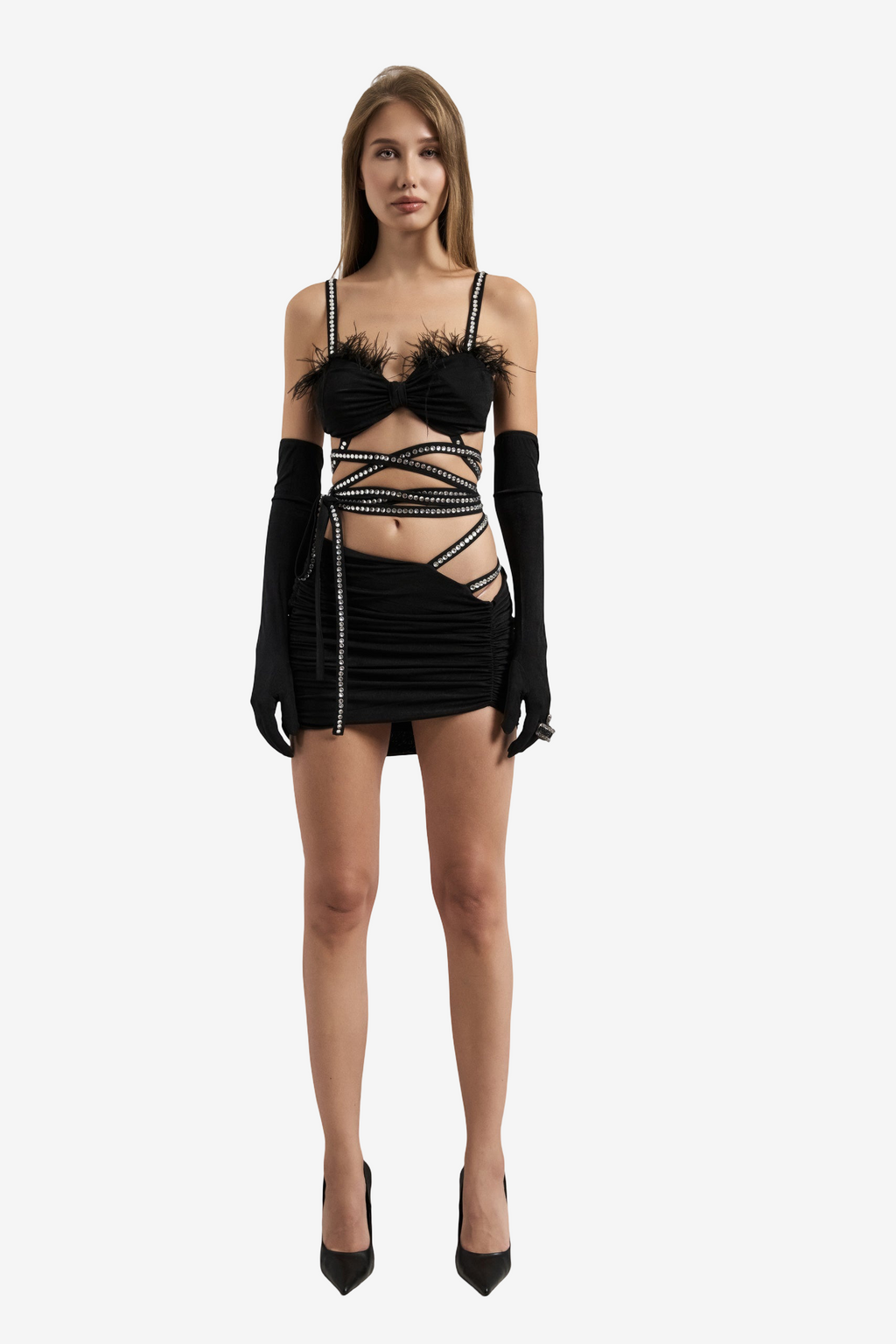 Self-Tie Crop Top with Gloves & Skirt Set
