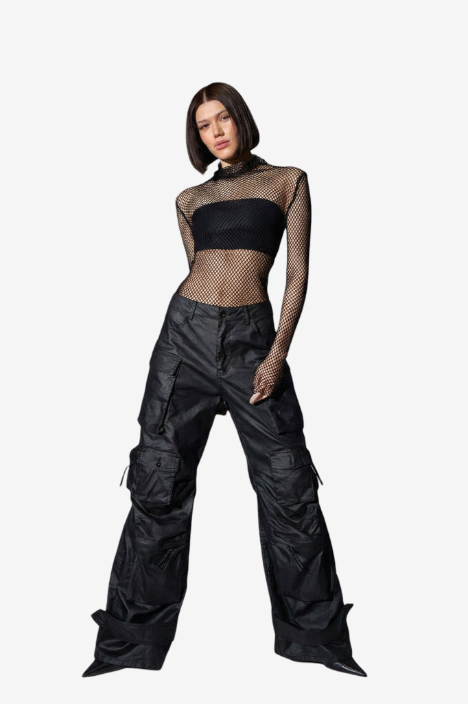Shiny Wide-Leg Cargo Pants
