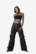 Shiny Wide-Leg Cargo Pants
