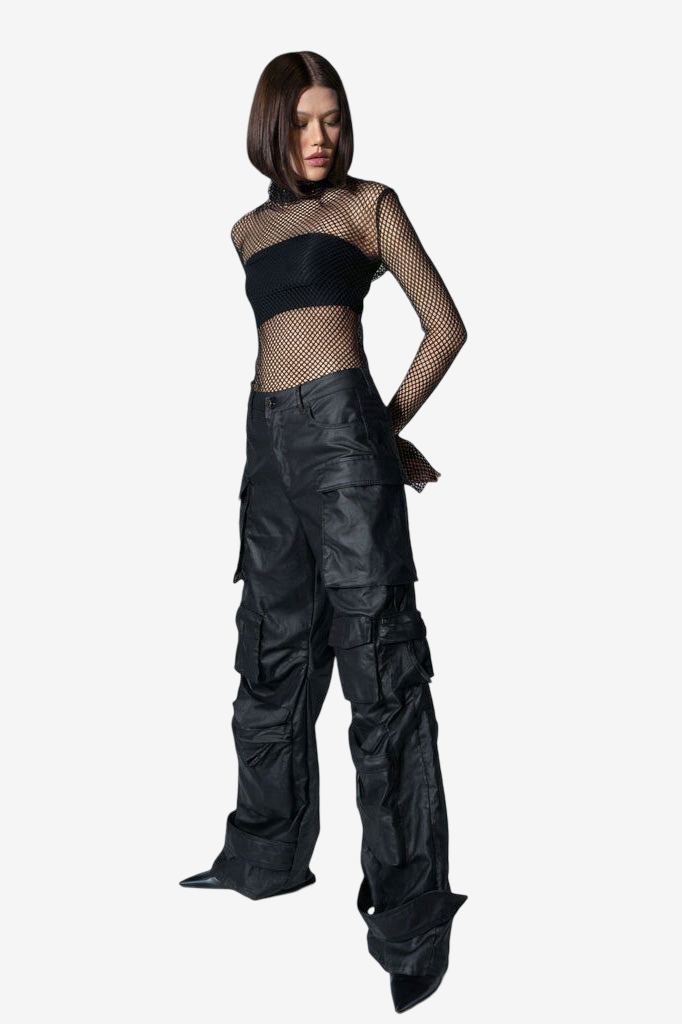 Shiny Wide-Leg Cargo Pants