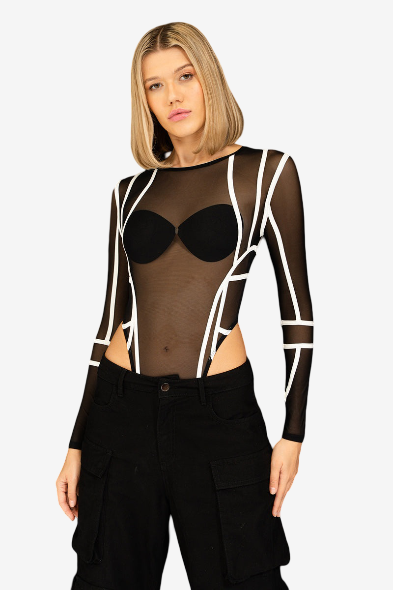 Kontrast Biyeli Transparan Body - Black