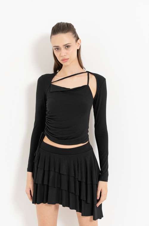 Strappy Long-Sleeve Top & Tiered Mini Skirt Set