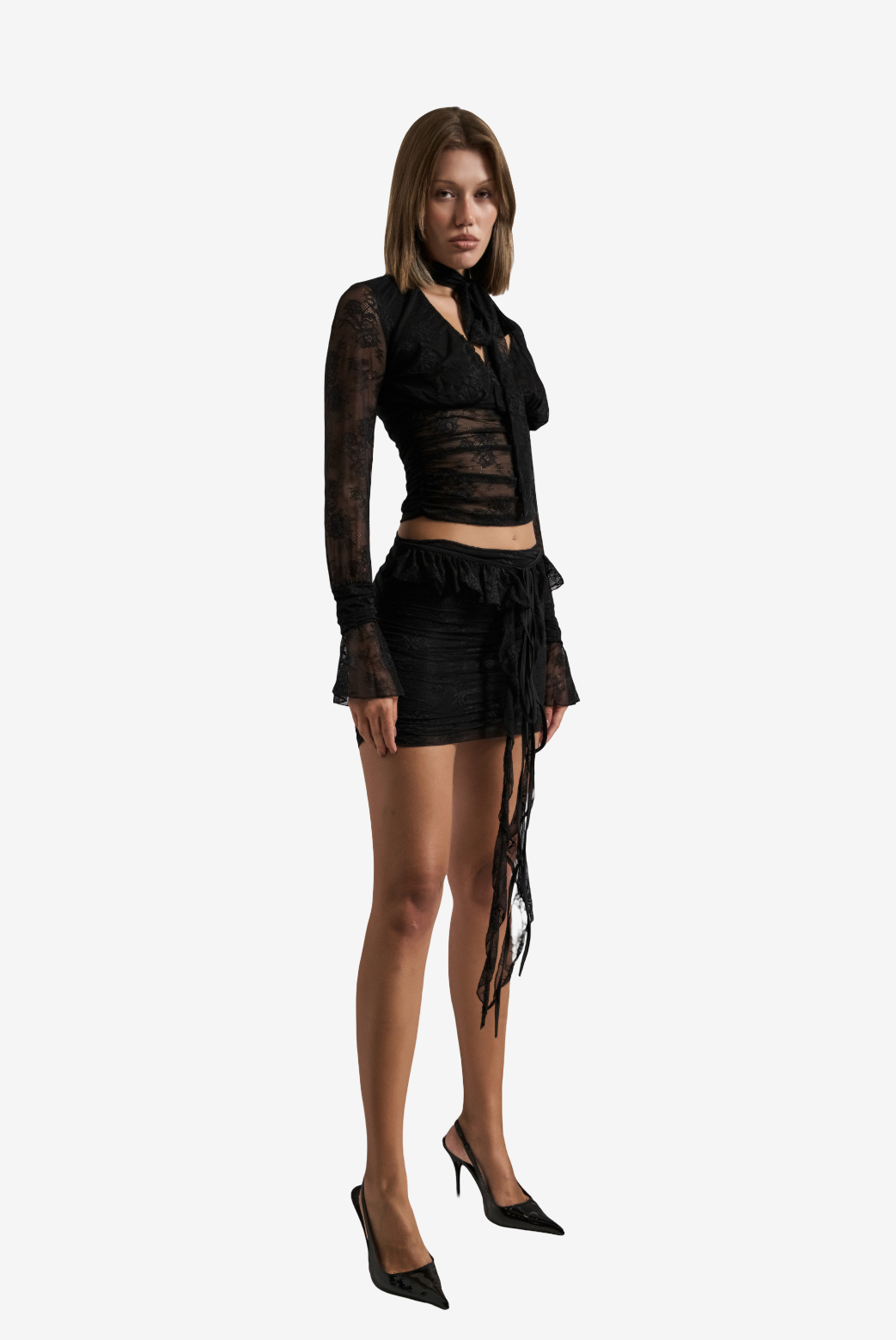 Ruched Lace Top & Mini Skirt Set