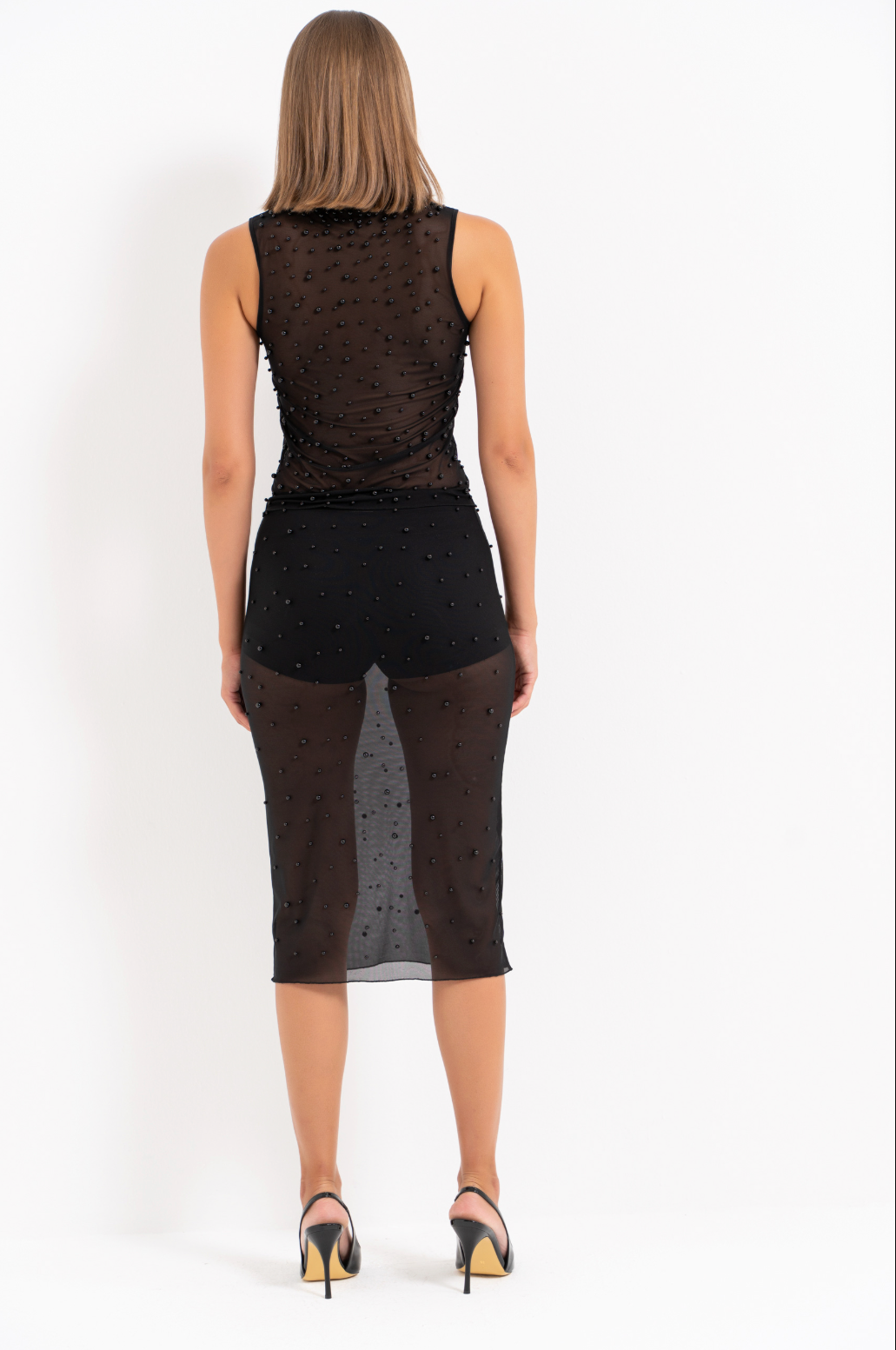 Pearl-Embellished Net Midi Skirt