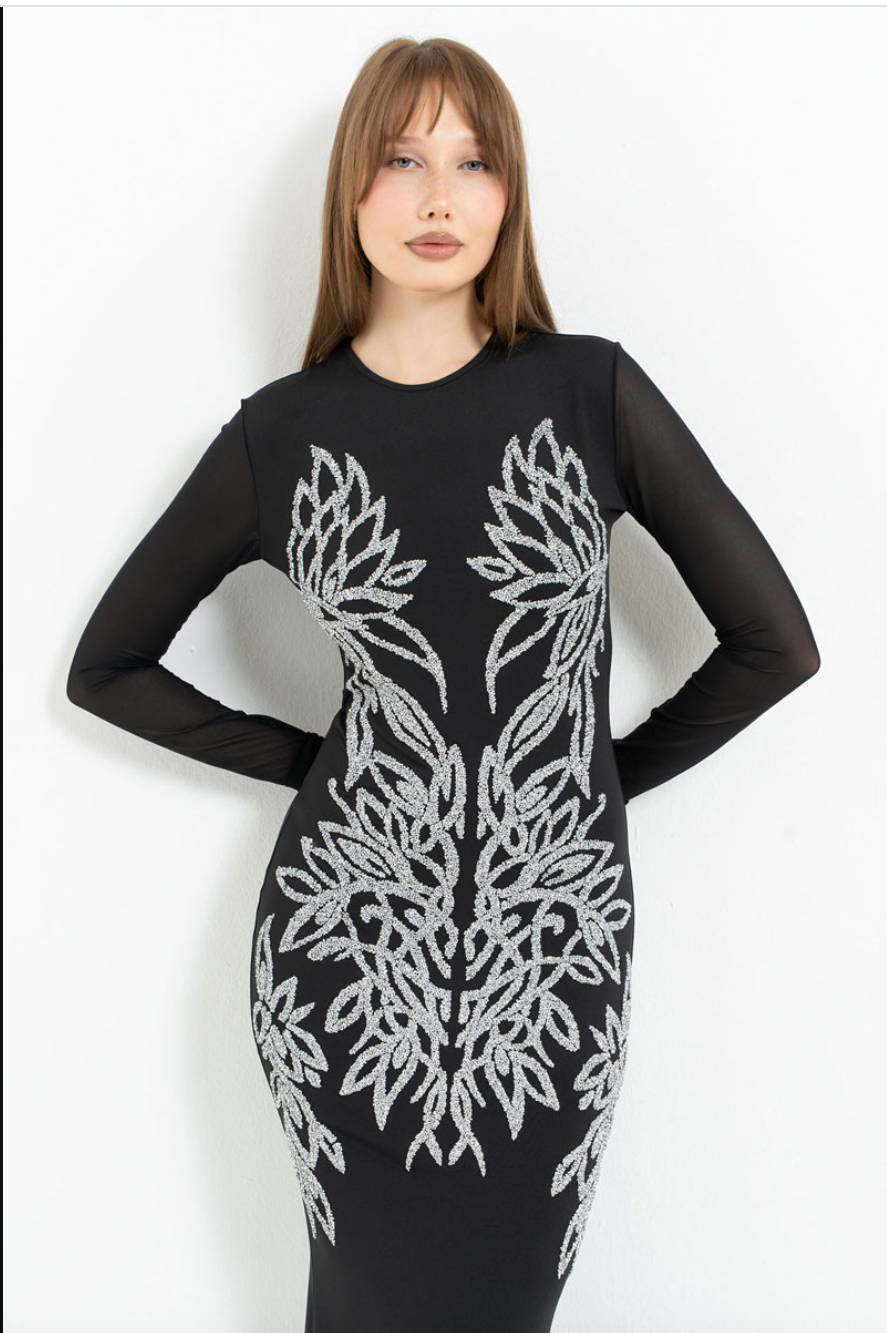 Long-Sleeve Contrast-Print Mesh Dress