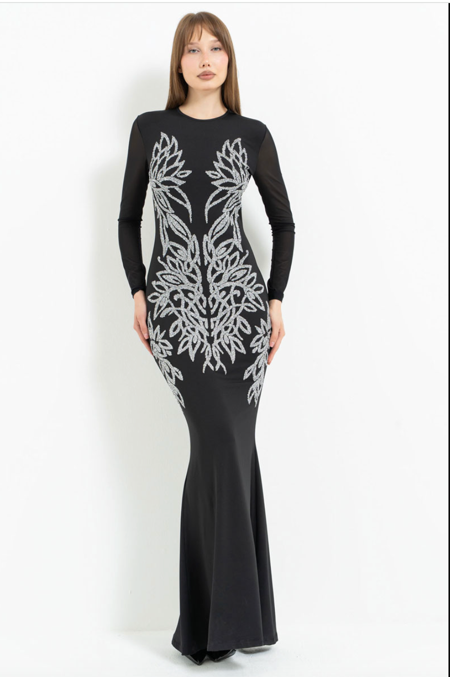 Long-Sleeve Contrast-Print Mesh Dress