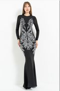 Long-Sleeve Contrast-Print Mesh Dress