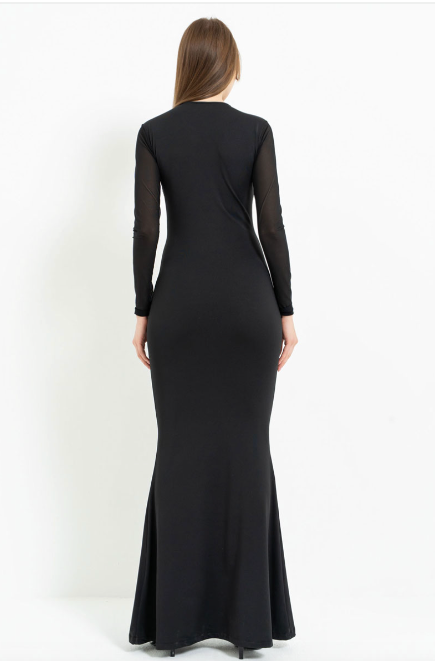 Long-Sleeve Contrast-Print Mesh Dress