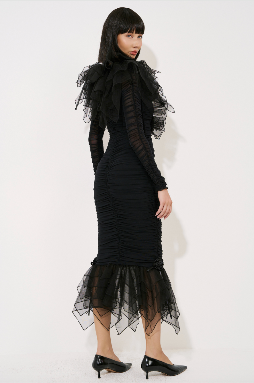 Ruffle Tulle-Trim Dress with Detachable Belt